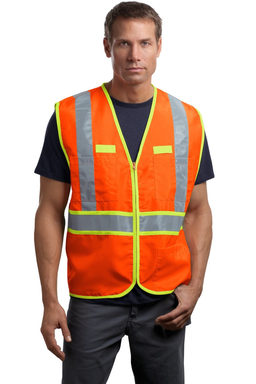 Safety Orange Consruction vest with safety green and reflective tape lines