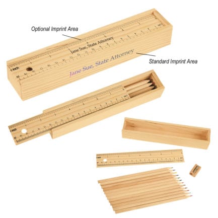 HT0457 - 12- Piece Colored Pencil Set In Wooden Ruler Box
