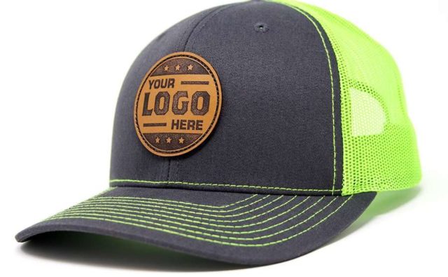 Custom Leather Patch Hats in heather grey and green