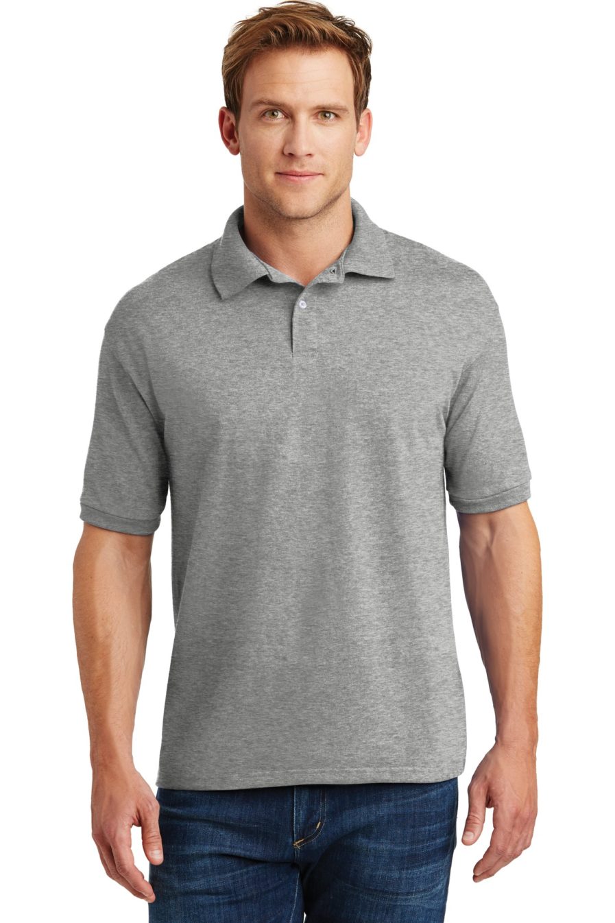 Light Steel polo on model with white buttons