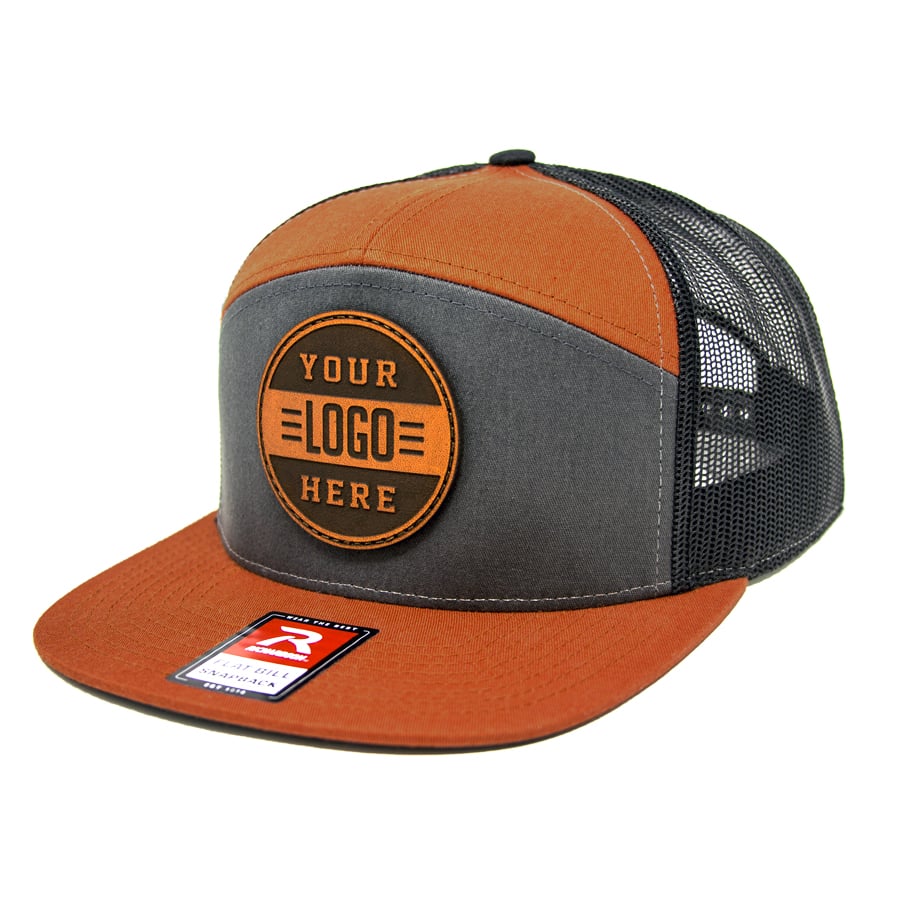 FLAT BILL Custom Leather Patch Hats, Laser Engraved Logo on Leather Patch  Hat for Your Business or Organization 7 PANEL 