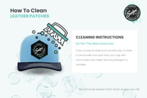 Hand Wash Cap and spot treat with oxiclean and warm water as needed. Gently Clean Leather patch do not rub, scrub or wet patch for extended periods of time.