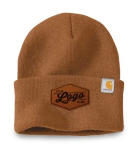 Carhartt Watch Cap 2.0 Leather Patch Beanie in Camel Bown with a tan Engraved Hex Patch