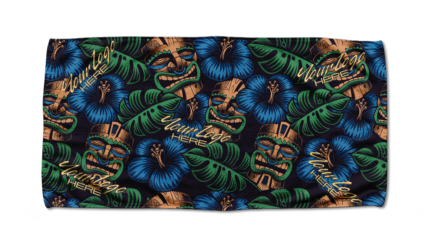 Custom Dye Sublimated Velour Beach Towels with Tiki Design mocked up