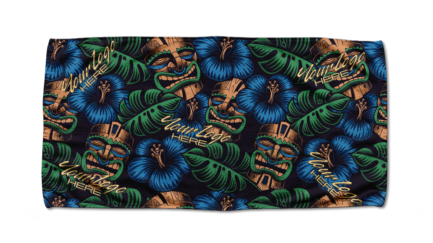 Custom Dye Sublimated Velour Beach Towels with Tiki Design mocked up