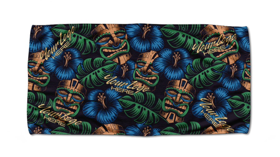 Custom Dye Sublimated Velour Beach Towels with Tiki Design mocked up